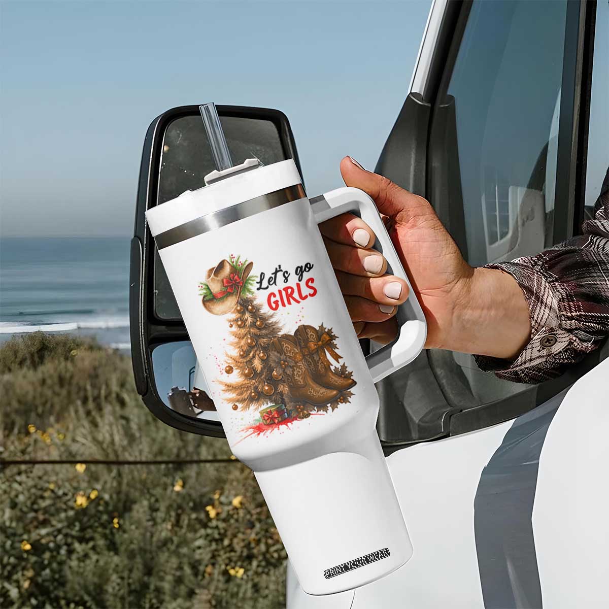 Christmas Cowgirl Boots Tumbler With Handle Western Cowboy Hat Howdy - Print Your Wear