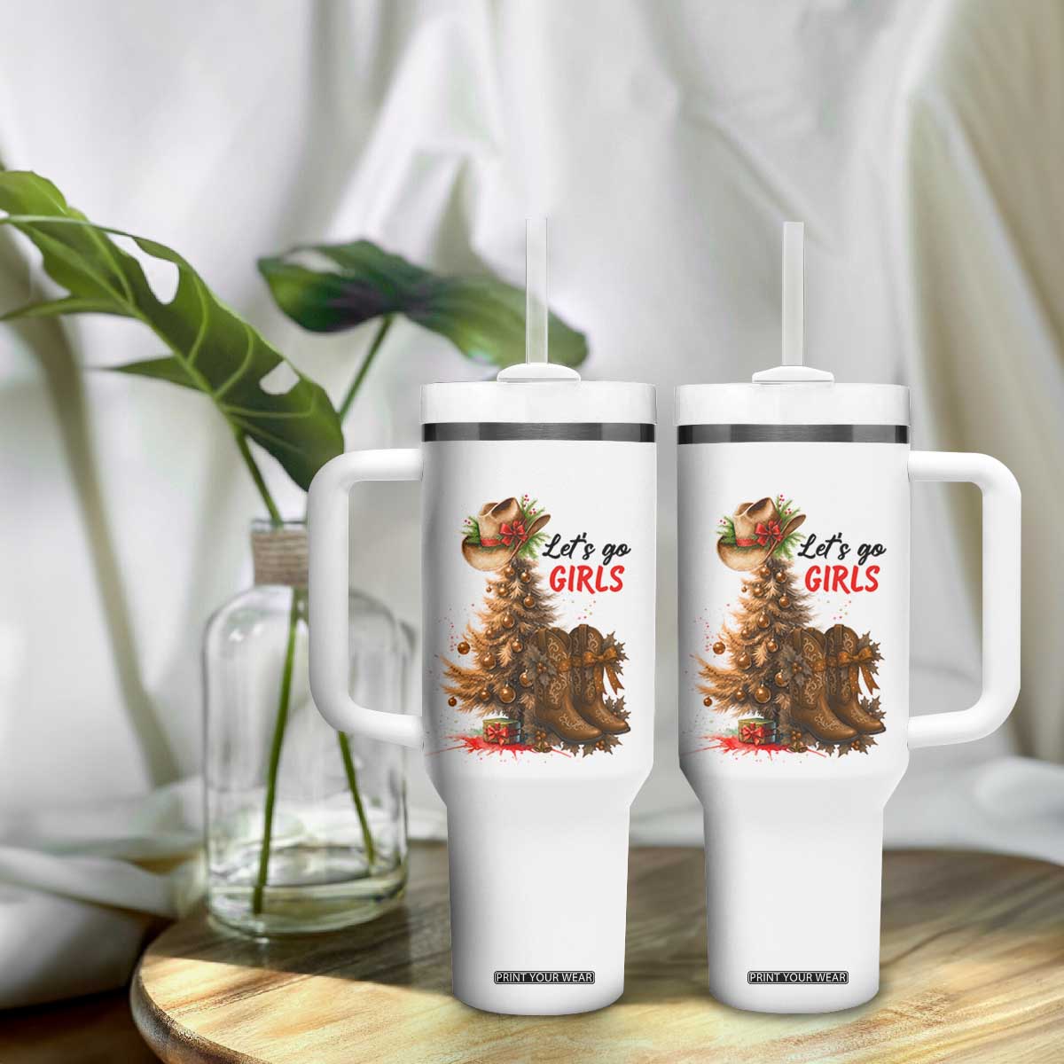 Christmas Cowgirl Boots Tumbler With Handle Western Cowboy Hat Howdy - Print Your Wear