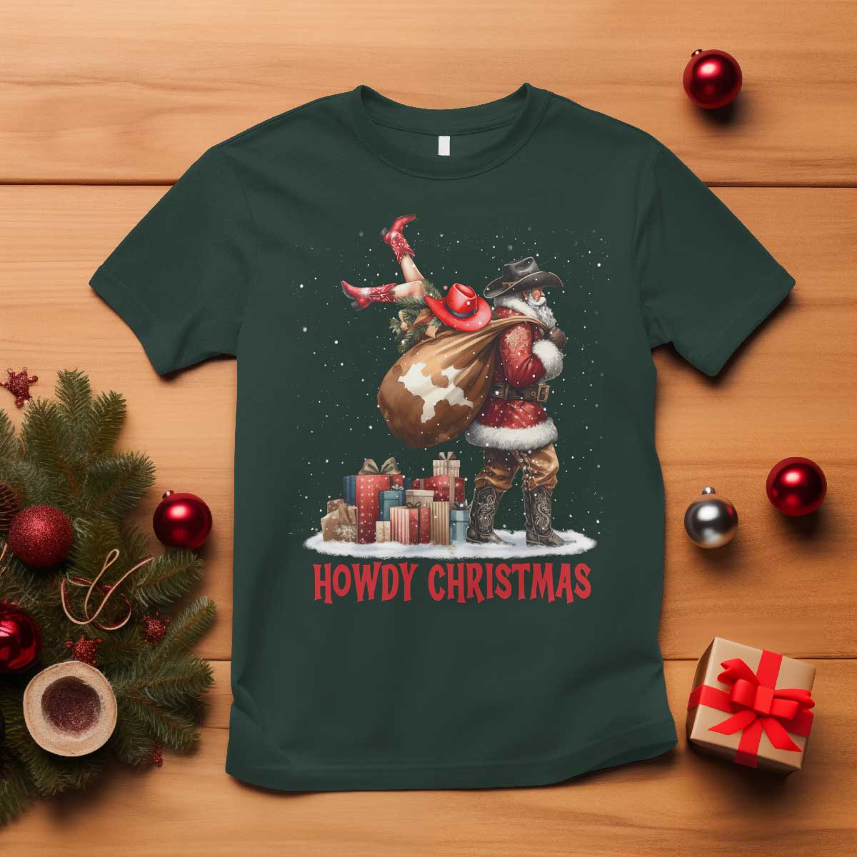 Cowboy Santa Christmas T Shirt Funny Western Xmas TS14 Dark Forest Green Print Your Wear