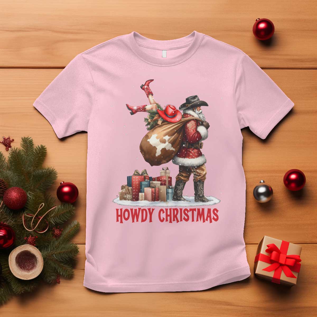 Cowboy Santa Christmas T Shirt Funny Western Xmas TS14 Light Pink Print Your Wear