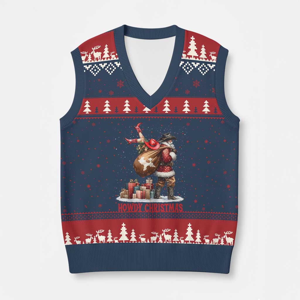 Cowboy Santa Xmas V-Neck Knit Sweater Vest Funny Western Xmas TS14 Navy Red Print Your Wear