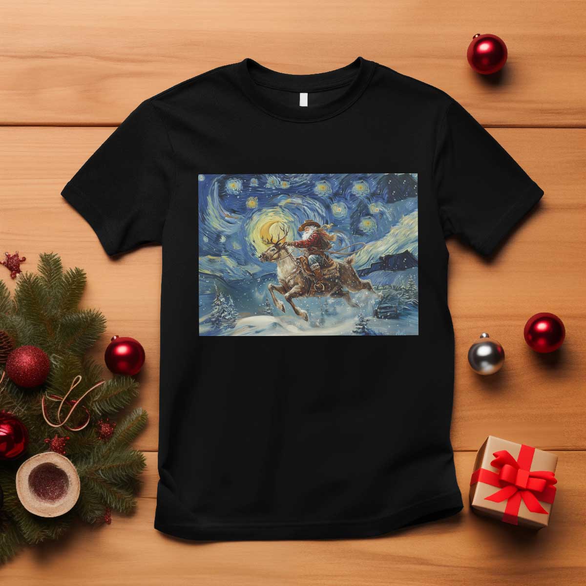 Cowboy Santa Starry Night Christmas T Shirt TS14 Black Print Your Wear