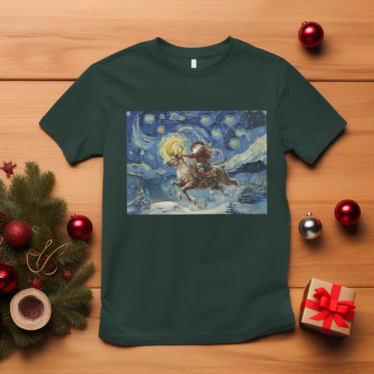 Cowboy Santa Starry Night Christmas T Shirt TS14 Dark Forest Green Print Your Wear