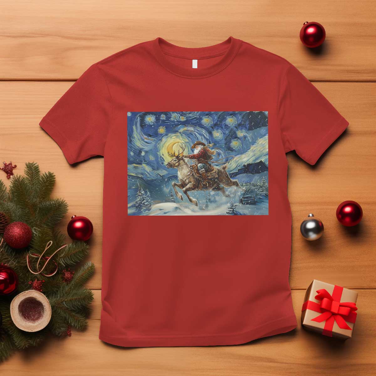 Cowboy Santa Starry Night Christmas T Shirt TS14 Red Print Your Wear