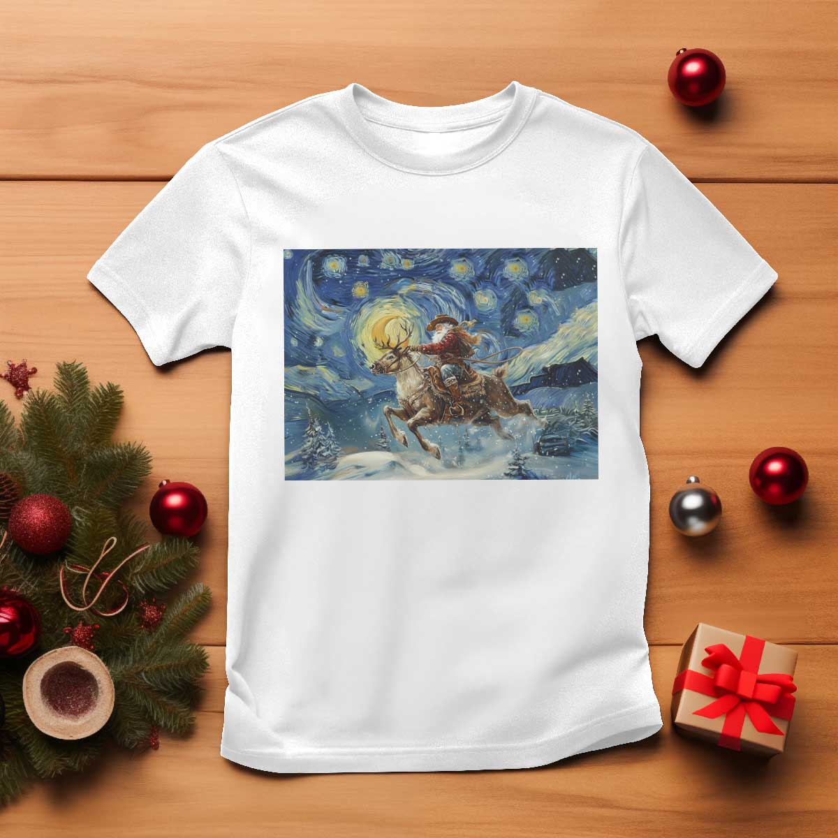 Cowboy Santa Starry Night Christmas T Shirt TS14 White Print Your Wear