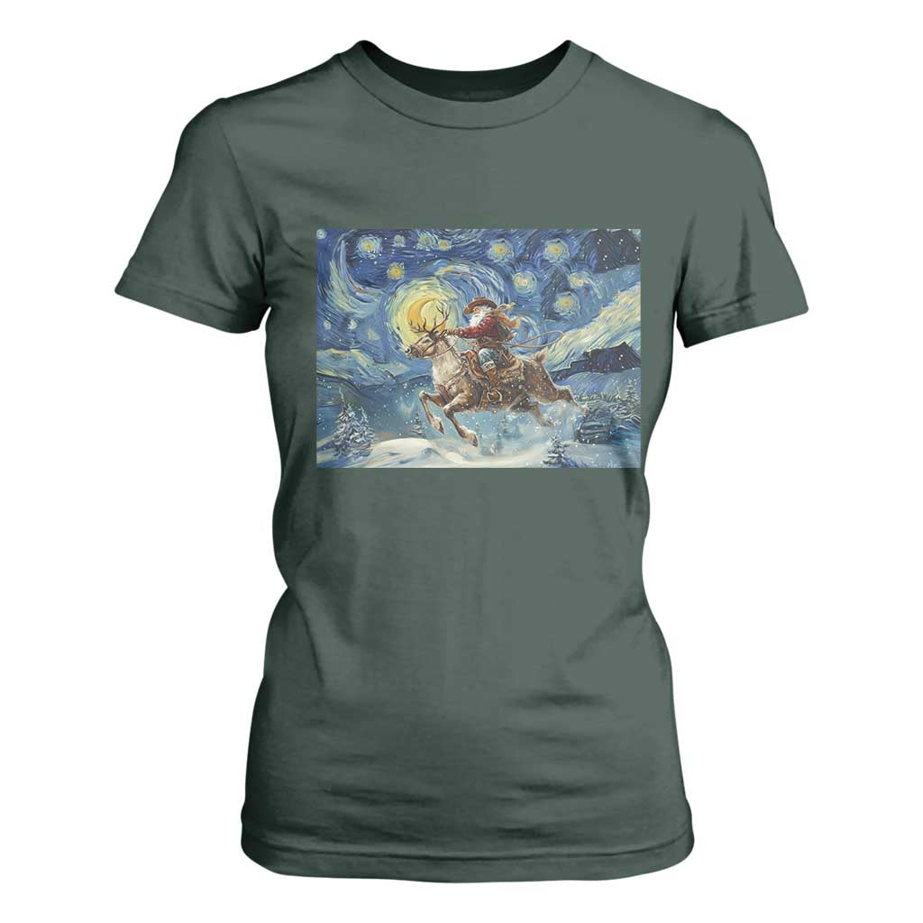 Cowboy Santa Starry Night Christmas T Shirt For Women TS14 Dark Forest Green Print Your Wear