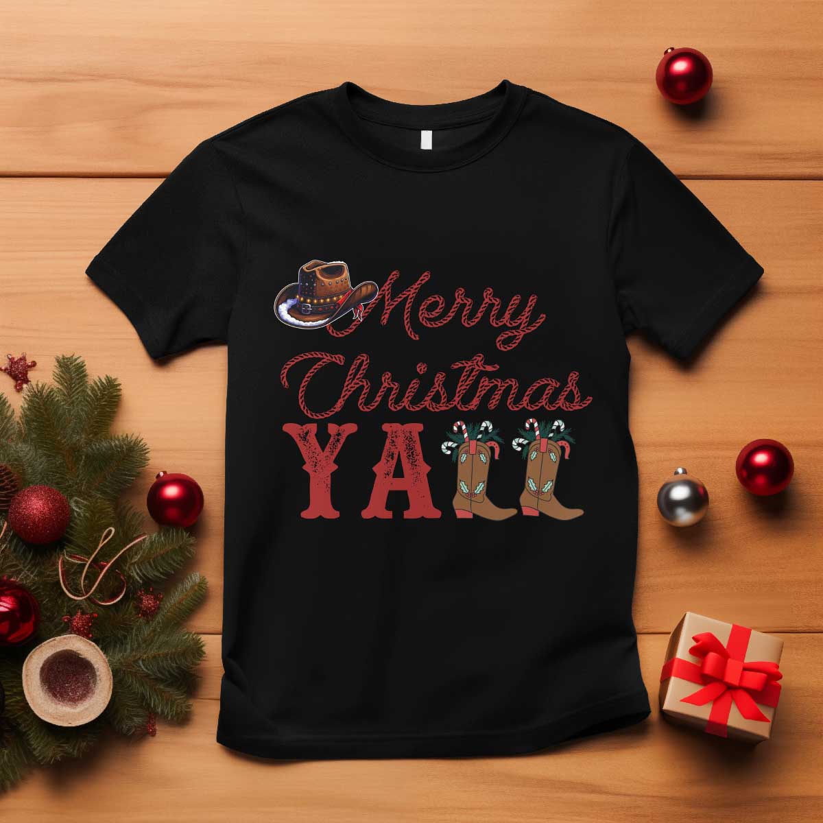 Western Cowboy Howdy T Shirt Merry Christmas Yall Cowgirl Boots Hat TS14 Black Print Your Wear