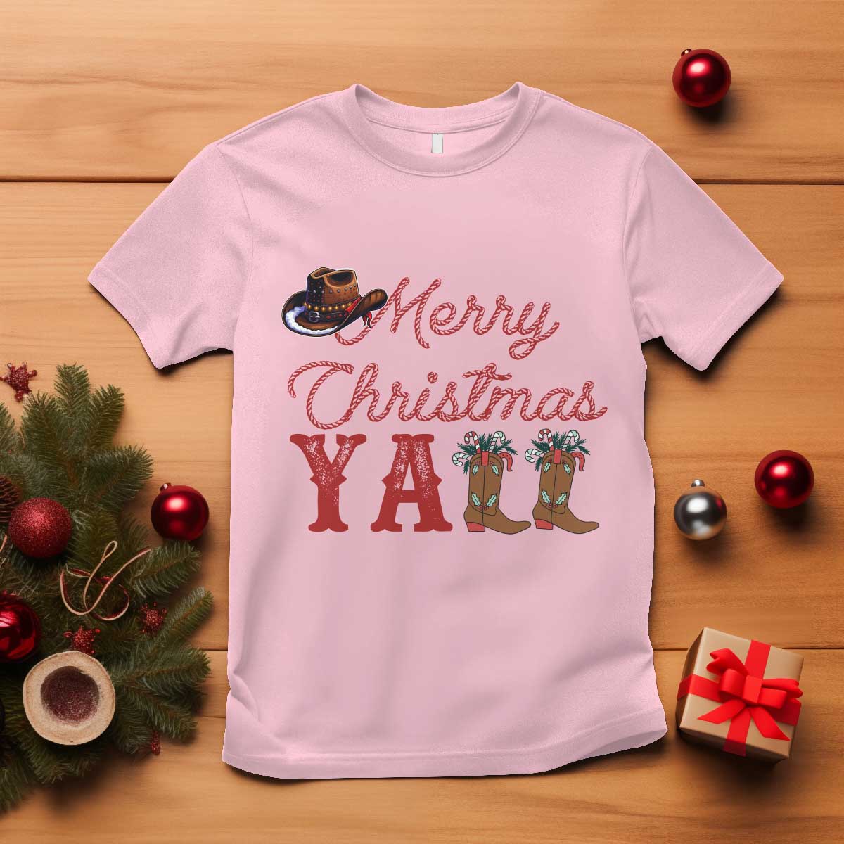 Western Cowboy Howdy T Shirt Merry Christmas Yall Cowgirl Boots Hat TS14 Light Pink Print Your Wear