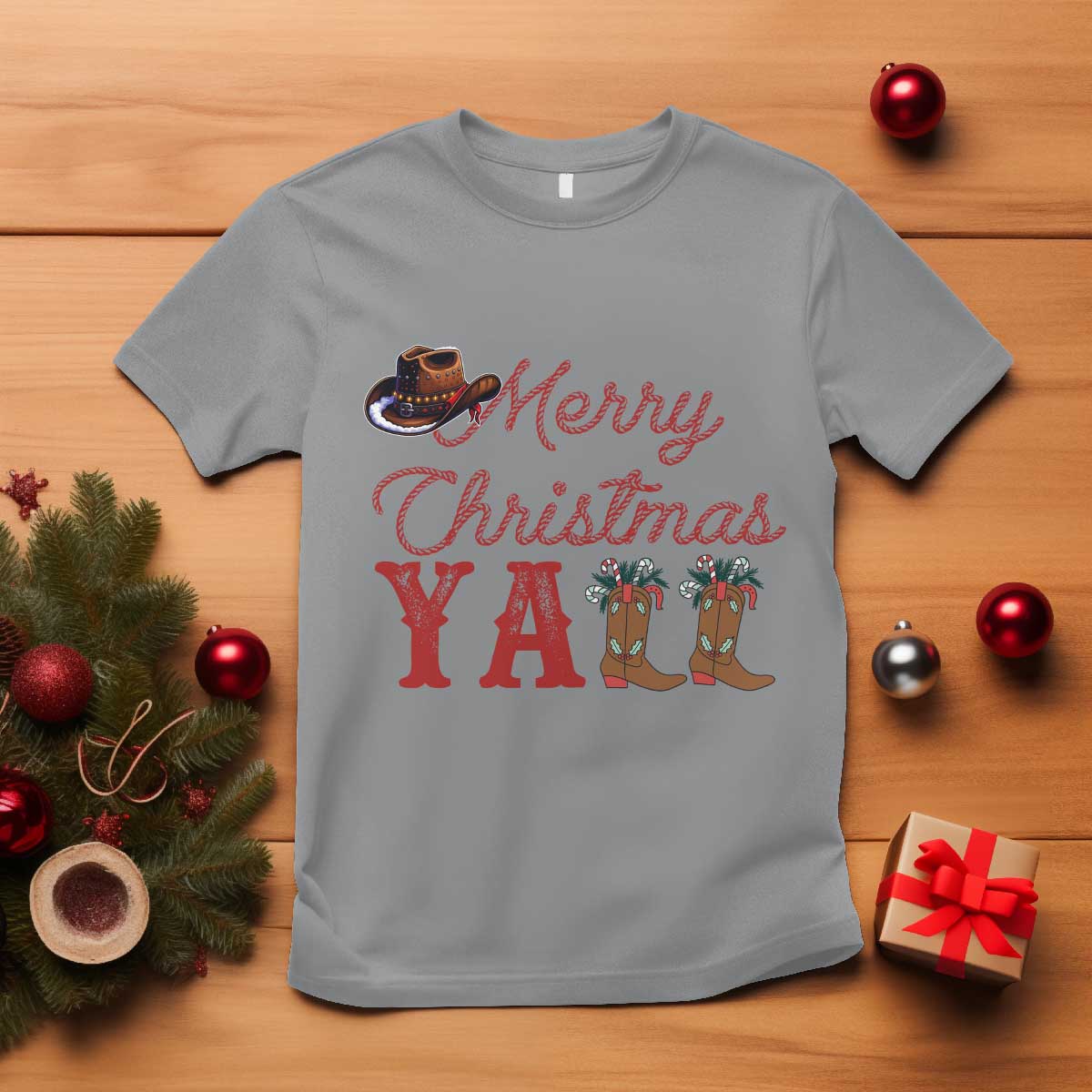 Western Cowboy Howdy T Shirt Merry Christmas Yall Cowgirl Boots Hat TS14 Sport Gray Print Your Wear