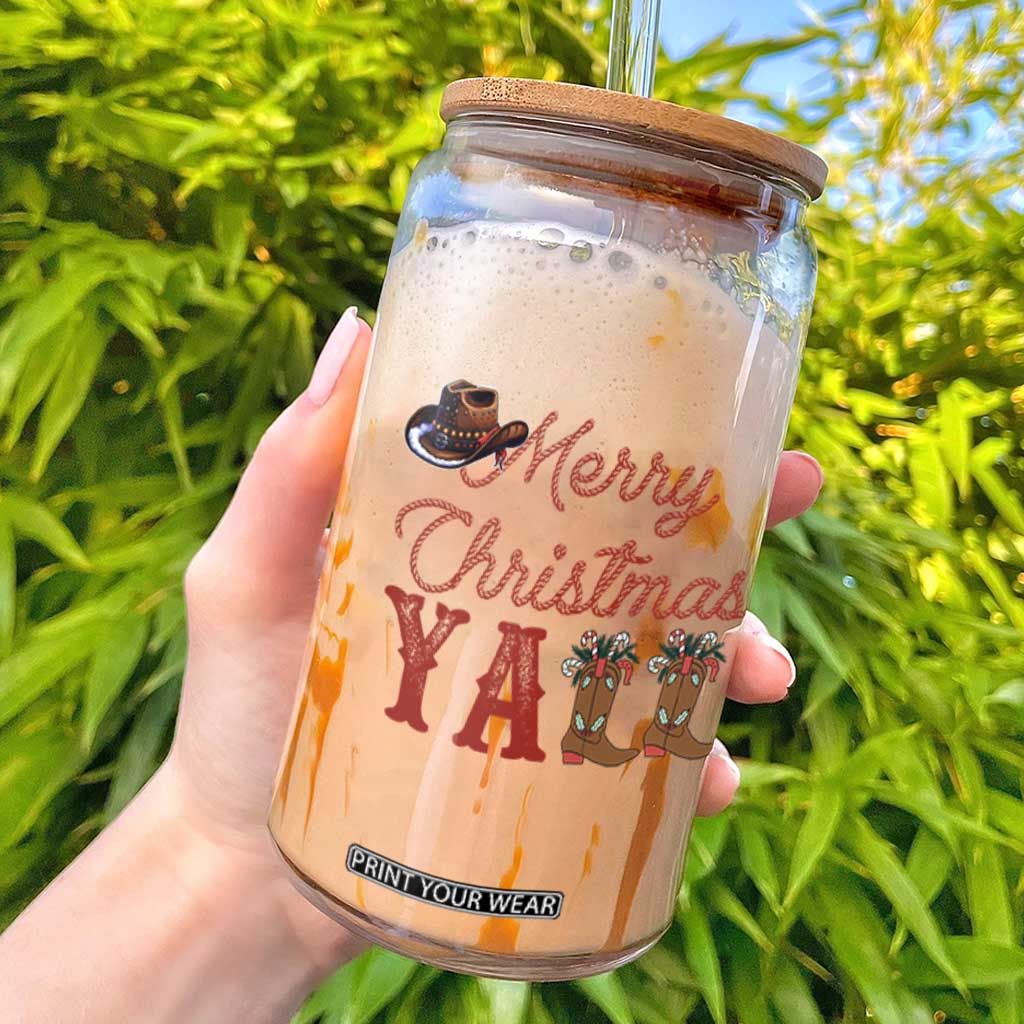 Western Cowboy Howdy Glass Can Merry Christmas Yall Cowgirl Boots Hat - Print Your Wear