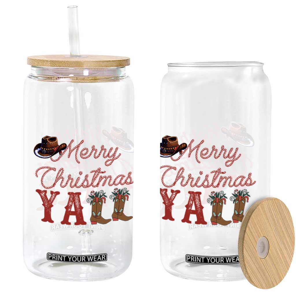 Western Cowboy Howdy Glass Can Merry Christmas Yall Cowgirl Boots Hat - Print Your Wear