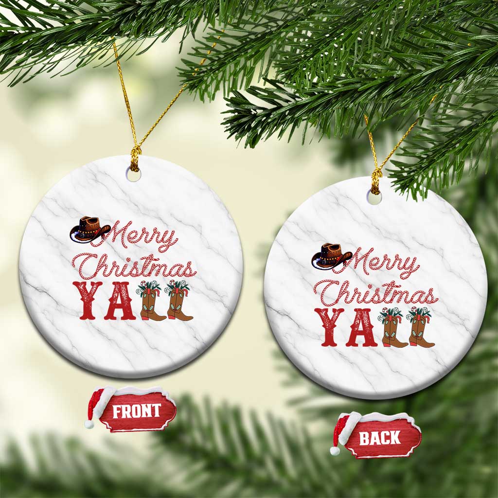 Western Cowboy Howdy Ceramic Ornament Merry Christmas Yall Cowgirl Boots Hat - Print Your Wear
