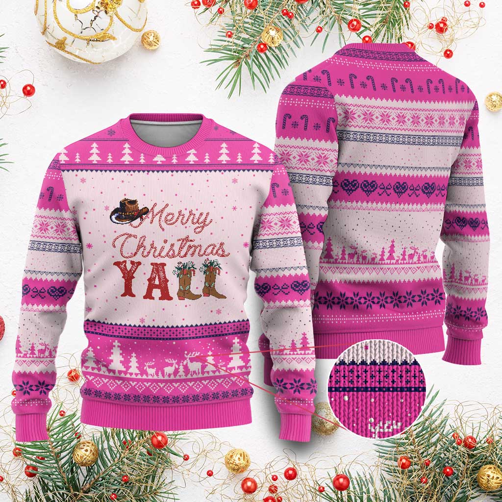 Western Cowboy Howdy Ugly Christmas Sweater Merry Xmas Yall Cowgirl Boots Hat TS14 Hot Pink Print Your Wear