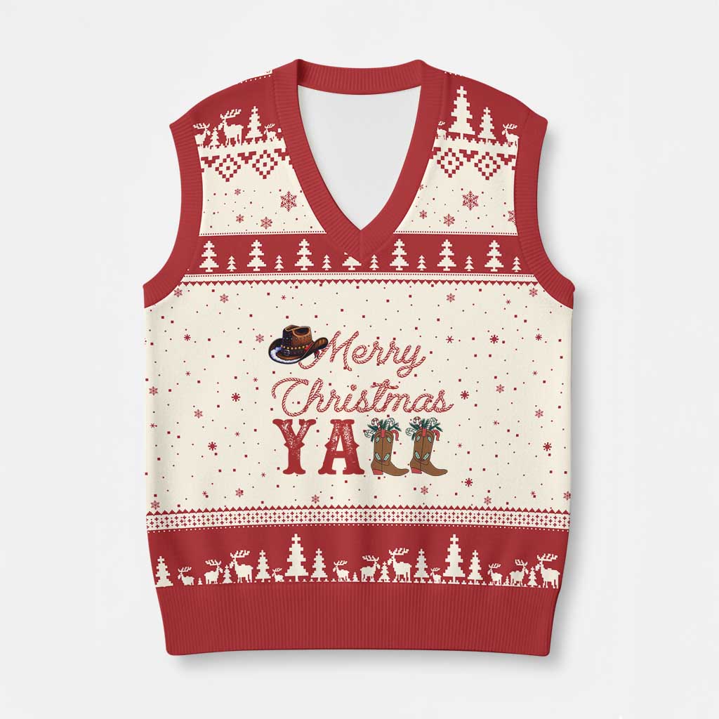 Western Cowboy Howdy V-Neck Knit Sweater Vest Merry Xmas Yall Cowgirl Boots Hat TS14 Beige Red Print Your Wear