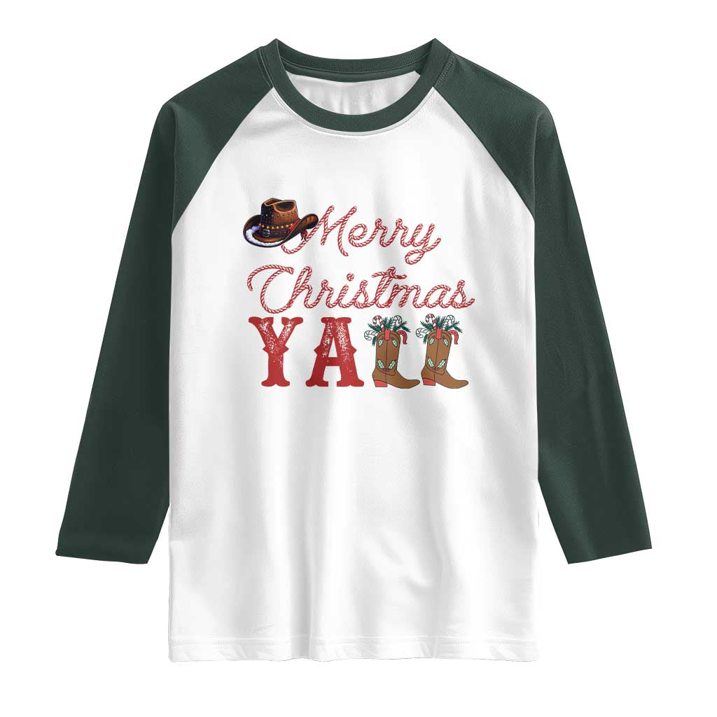 Western Cowboy Howdy Raglan Shirt Merry Christmas Yall Cowgirl Boots Hat TS14 White Dark Forest Green Print Your Wear