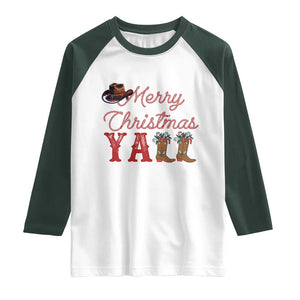 Western Cowboy Howdy Raglan Shirt Merry Christmas Yall Cowgirl Boots Hat TS14 White Dark Forest Green Print Your Wear