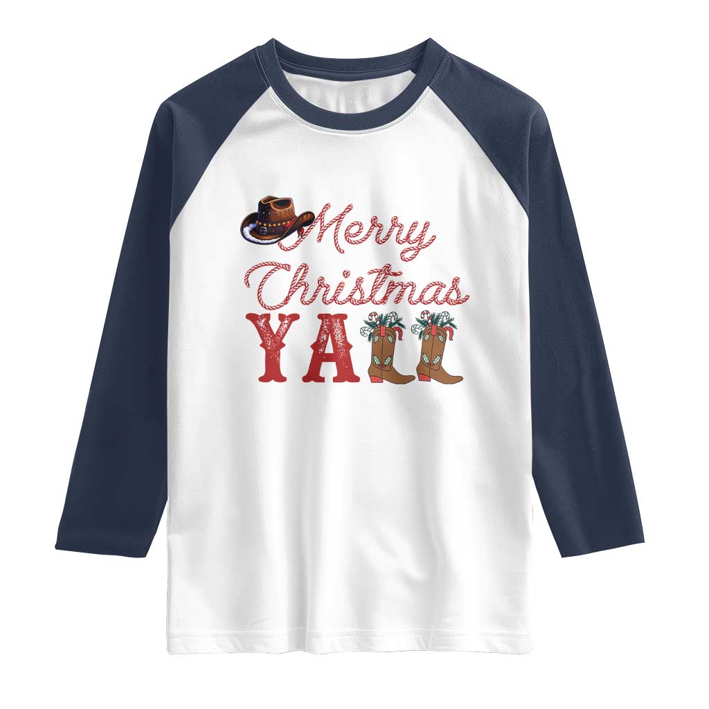 Western Cowboy Howdy Raglan Shirt Merry Christmas Yall Cowgirl Boots Hat TS14 White Navy Print Your Wear