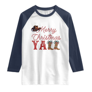 Western Cowboy Howdy Raglan Shirt Merry Christmas Yall Cowgirl Boots Hat TS14 White Navy Print Your Wear