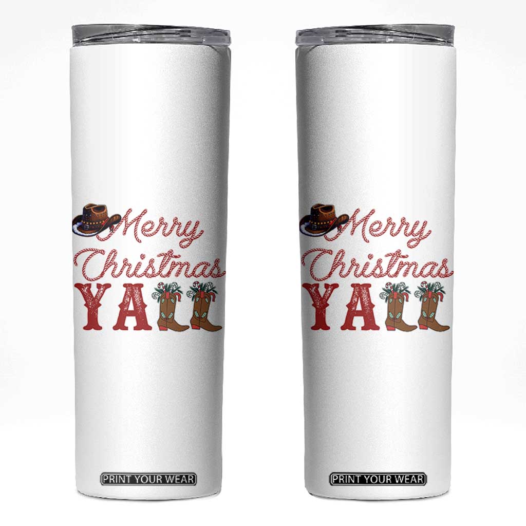 Western Cowboy Howdy Skinny Tumbler Merry Christmas Yall Cowgirl Boots Hat - Print Your Wear