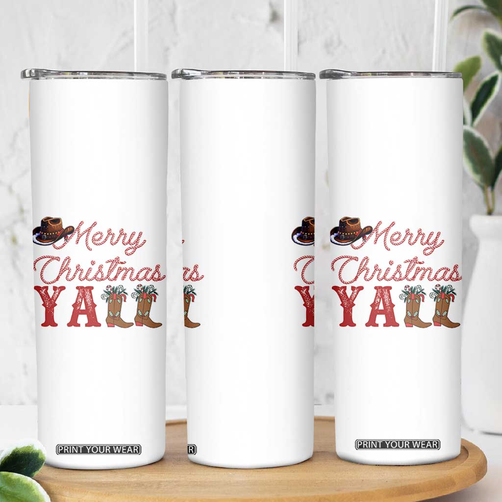 Western Cowboy Howdy Skinny Tumbler Merry Christmas Yall Cowgirl Boots Hat - Print Your Wear