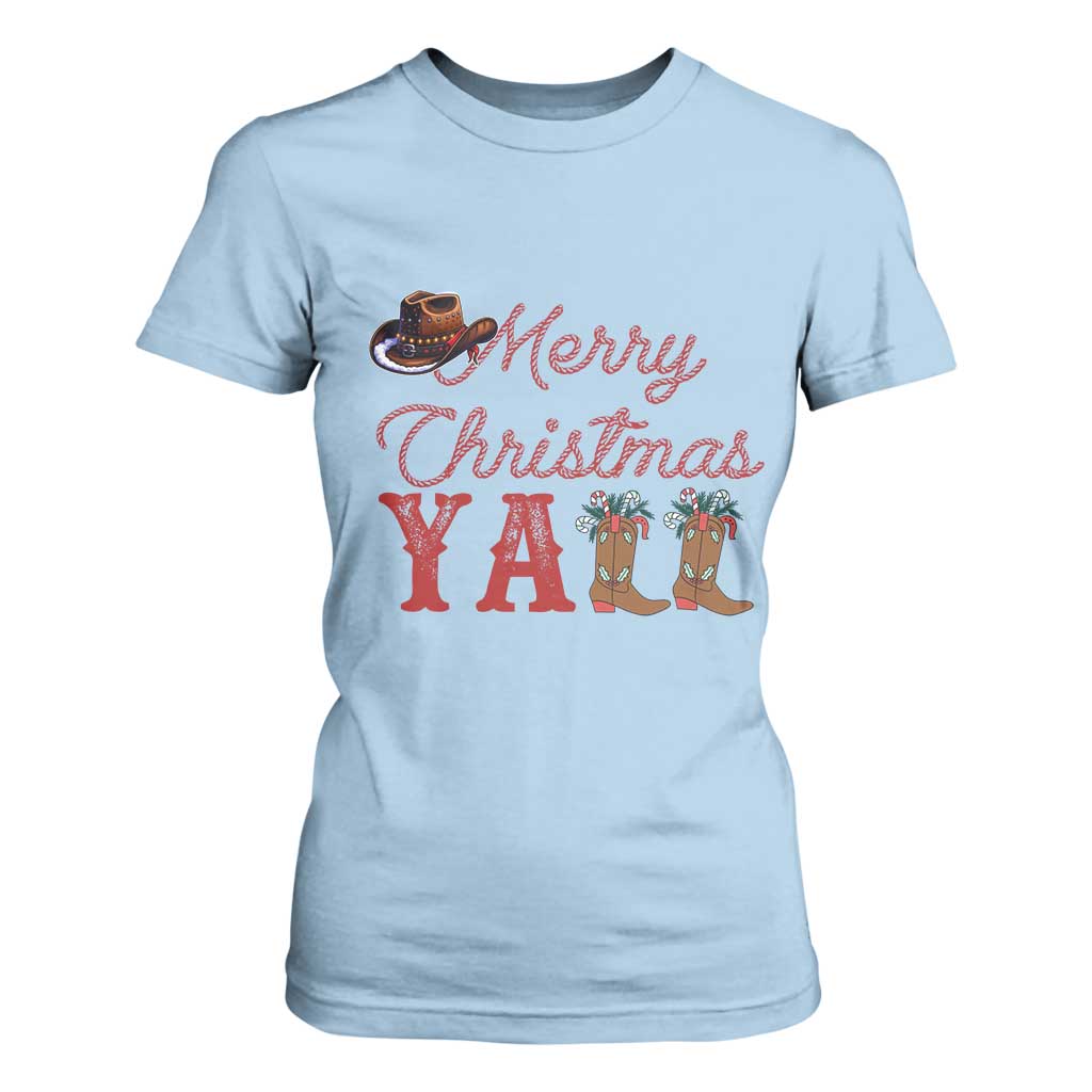 Western Cowboy Howdy T Shirt For Women Merry Christmas Yall Cowgirl Boots Hat TS14 Light Blue Print Your Wear
