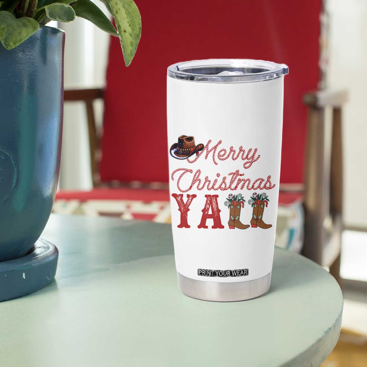 Western Cowboy Howdy Tumbler Cup Merry Christmas Yall Cowgirl Boots Hat - Print Your Wear