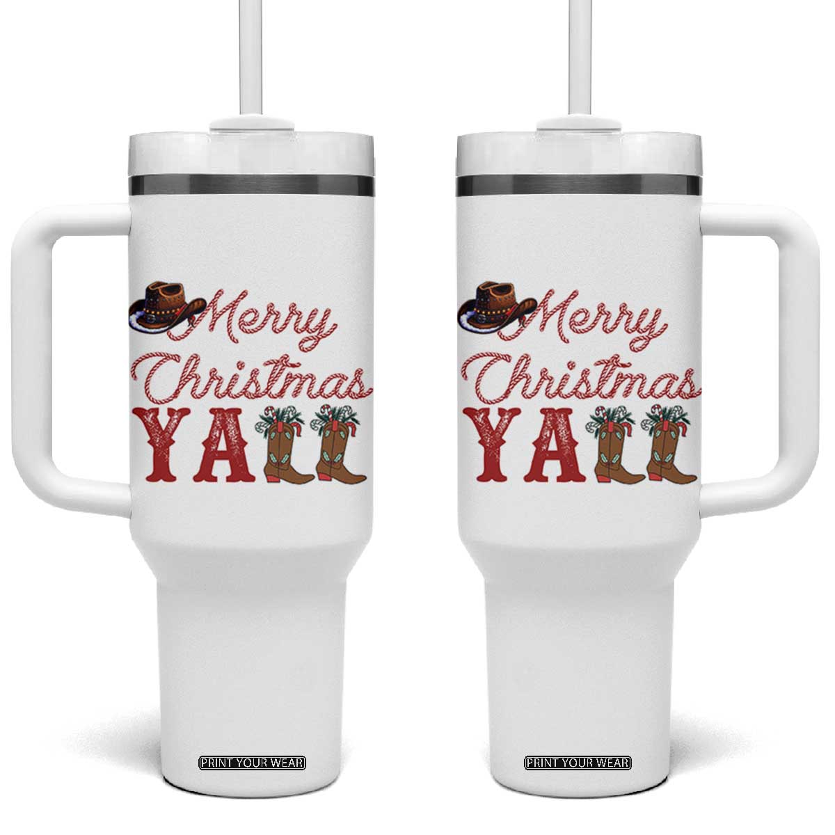 Western Cowboy Howdy Tumbler With Handle Merry Christmas Yall Cowgirl Boots Hat - Print Your Wear