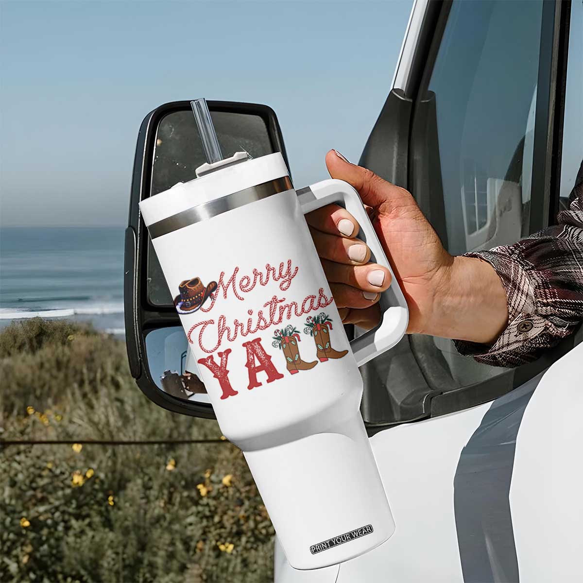 Western Cowboy Howdy Tumbler With Handle Merry Christmas Yall Cowgirl Boots Hat - Print Your Wear