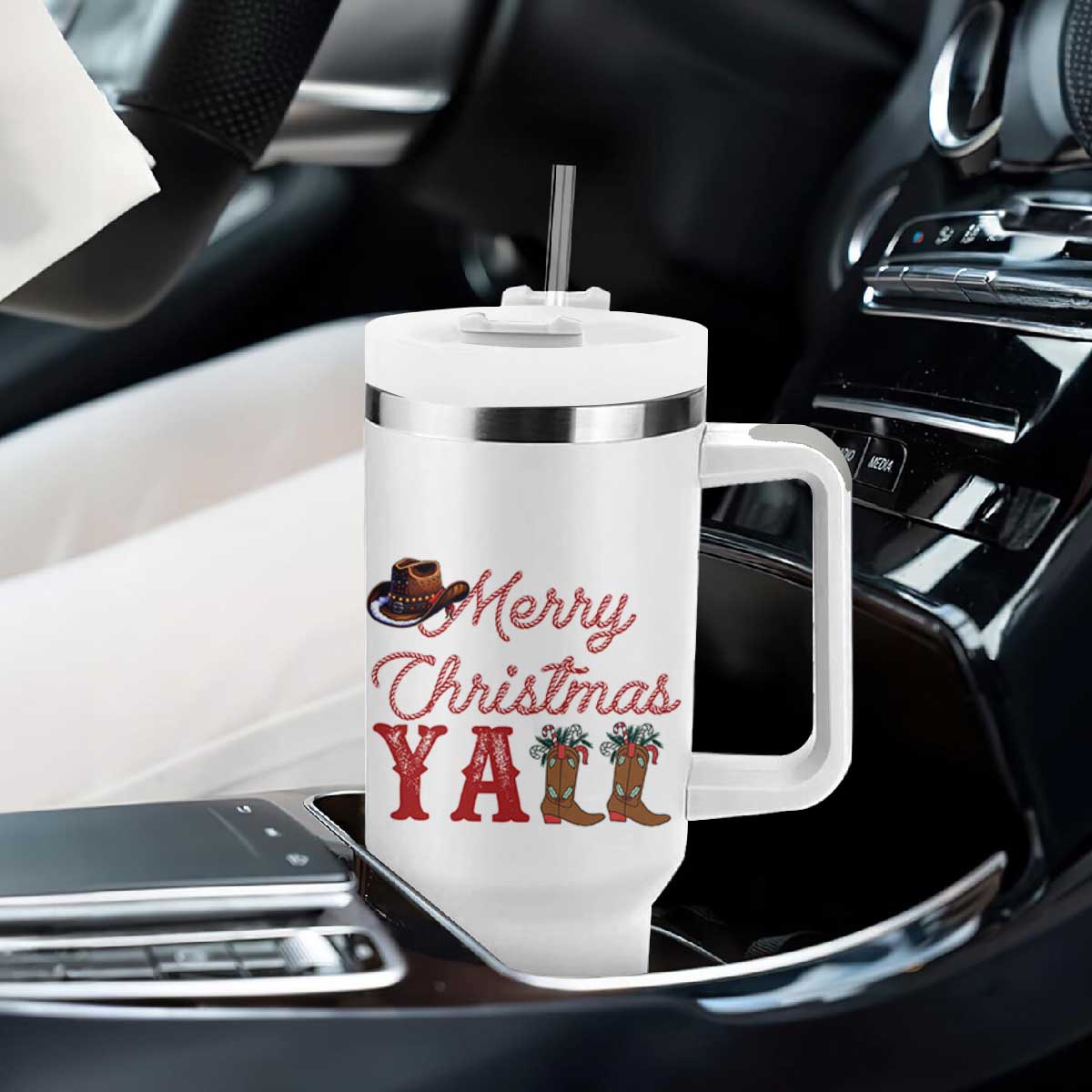 Western Cowboy Howdy Tumbler With Handle Merry Christmas Yall Cowgirl Boots Hat - Print Your Wear
