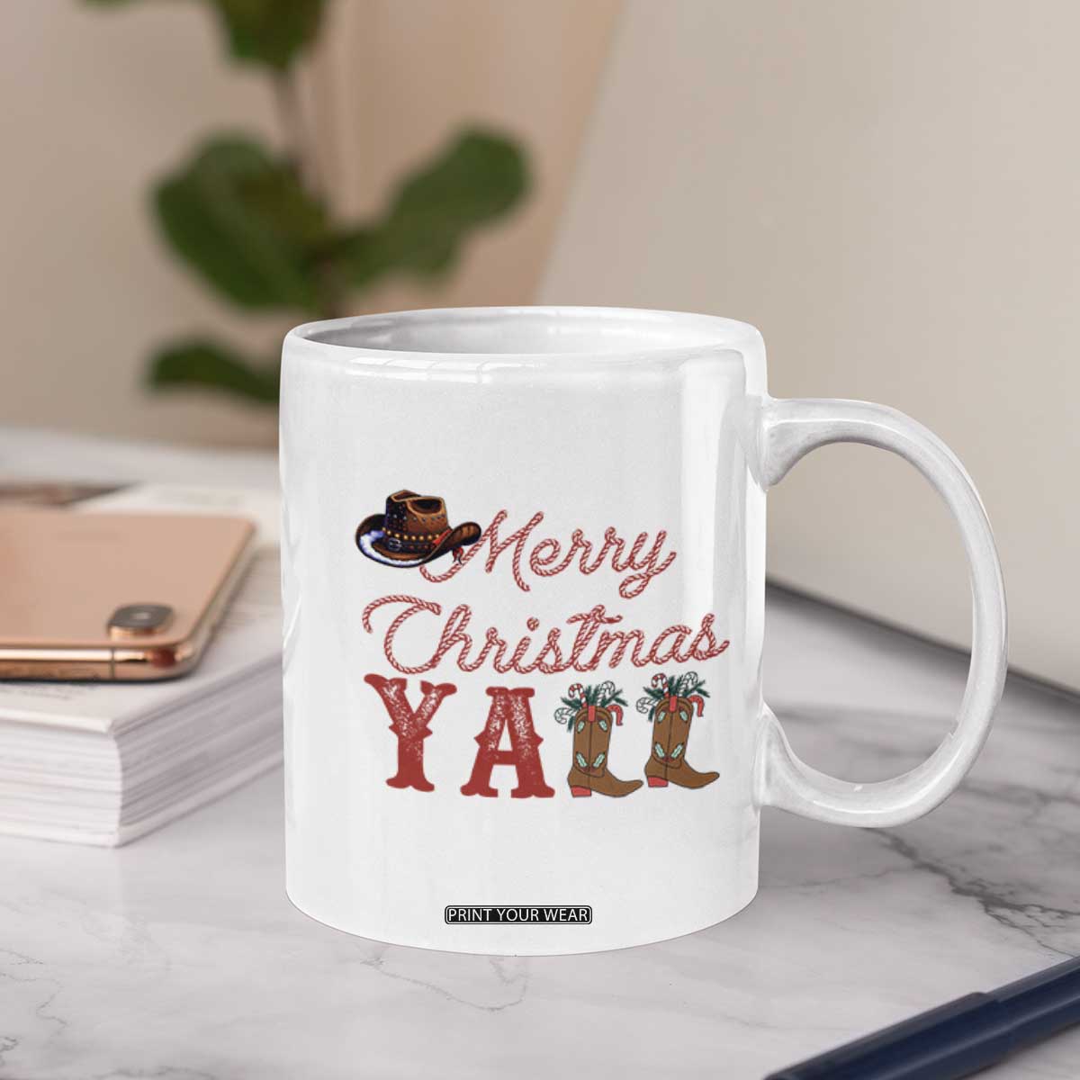 Western Cowboy Howdy Coffee Mug Merry Christmas Yall Cowgirl Boots Hat - Print Your Wear