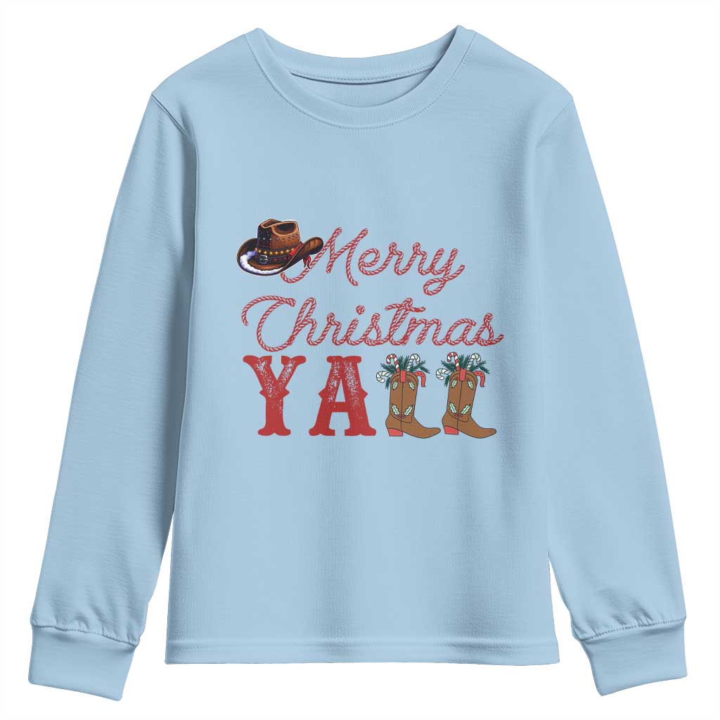 Western Cowboy Howdy Youth Sweatshirt Merry Christmas Yall Cowgirl Boots Hat TS14 Light Blue Print Your Wear