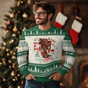 Let Us Go Girls Ugly Christmas Sweater Xmas Cowgirl Boots TS14 Beige Green Print Your Wear