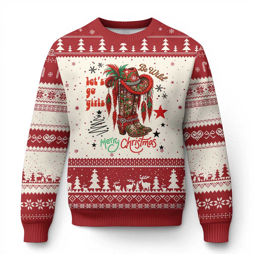 Let Us Go Girls Ugly Christmas Sweater Xmas Cowgirl Boots TS14 Beige Red Print Your Wear