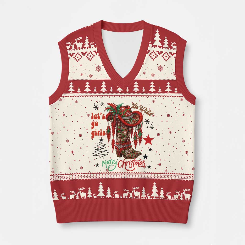 Let Us Go Girls V-Neck Knit Sweater Vest Xmas Cowgirl Boots TS14 Beige Red Print Your Wear