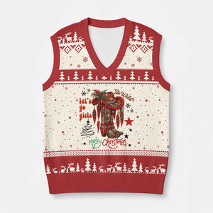 Let Us Go Girls V-Neck Knit Sweater Vest Xmas Cowgirl Boots TS14 Beige Red Print Your Wear