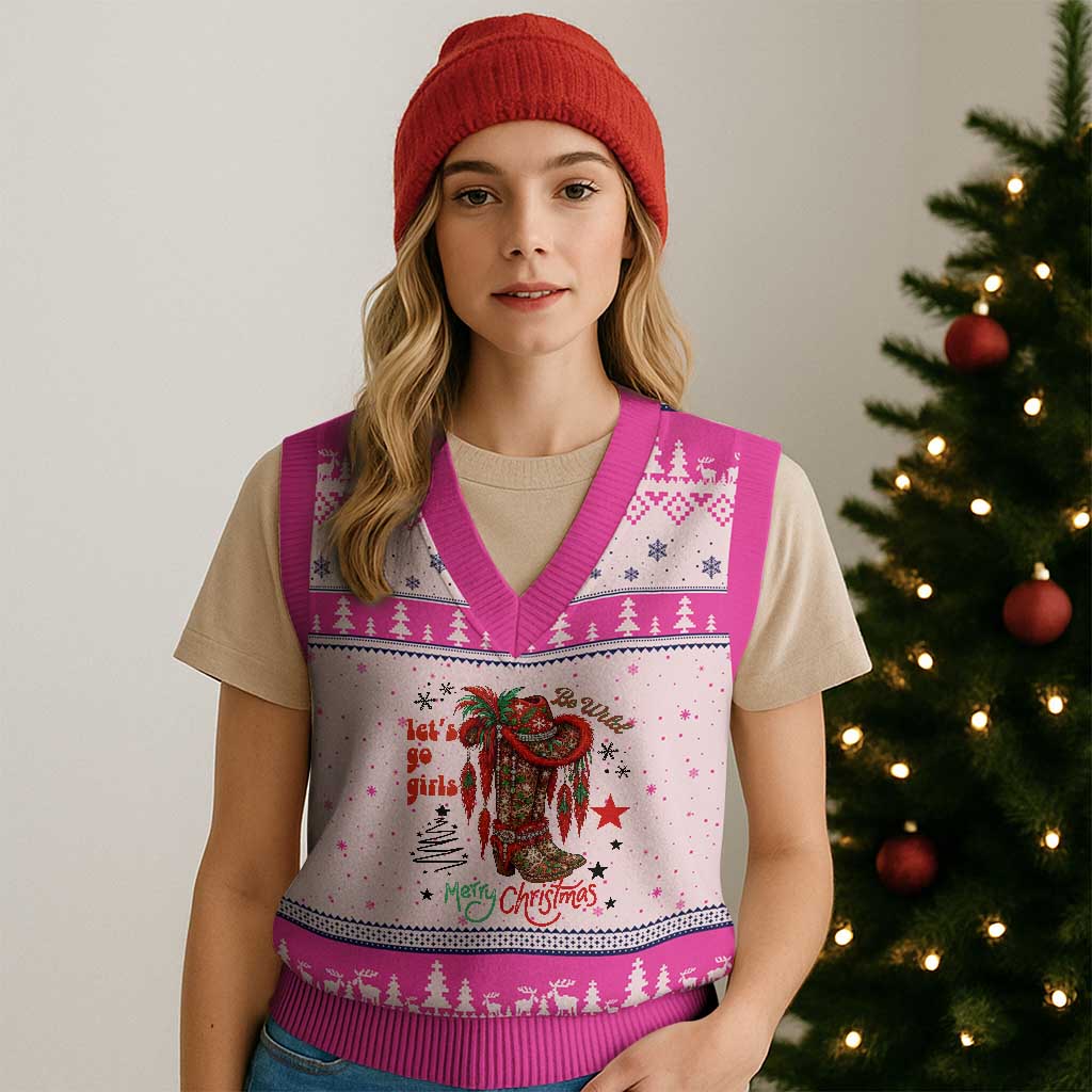 Let Us Go Girls V-Neck Knit Sweater Vest Xmas Cowgirl Boots TS14 Hot Pink Print Your Wear