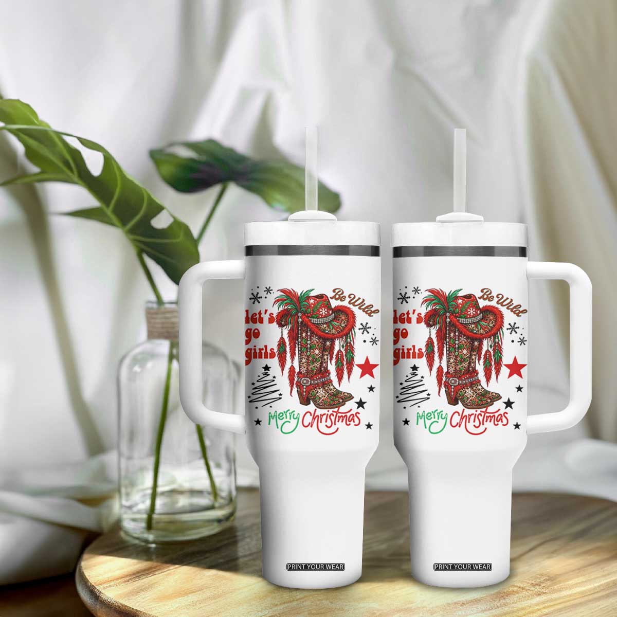 Let Us Go Girls Tumbler With Handle Christmas Cowgirl Boots - Print Your Wear