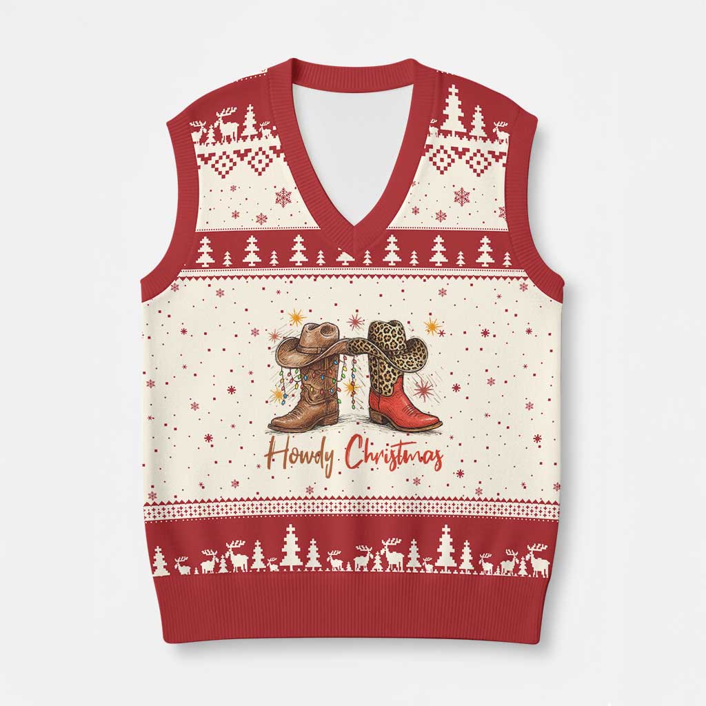 Howdy Xmas V-Neck Knit Sweater Vest Western Cowboy Boots Country TS14 Beige Red Print Your Wear
