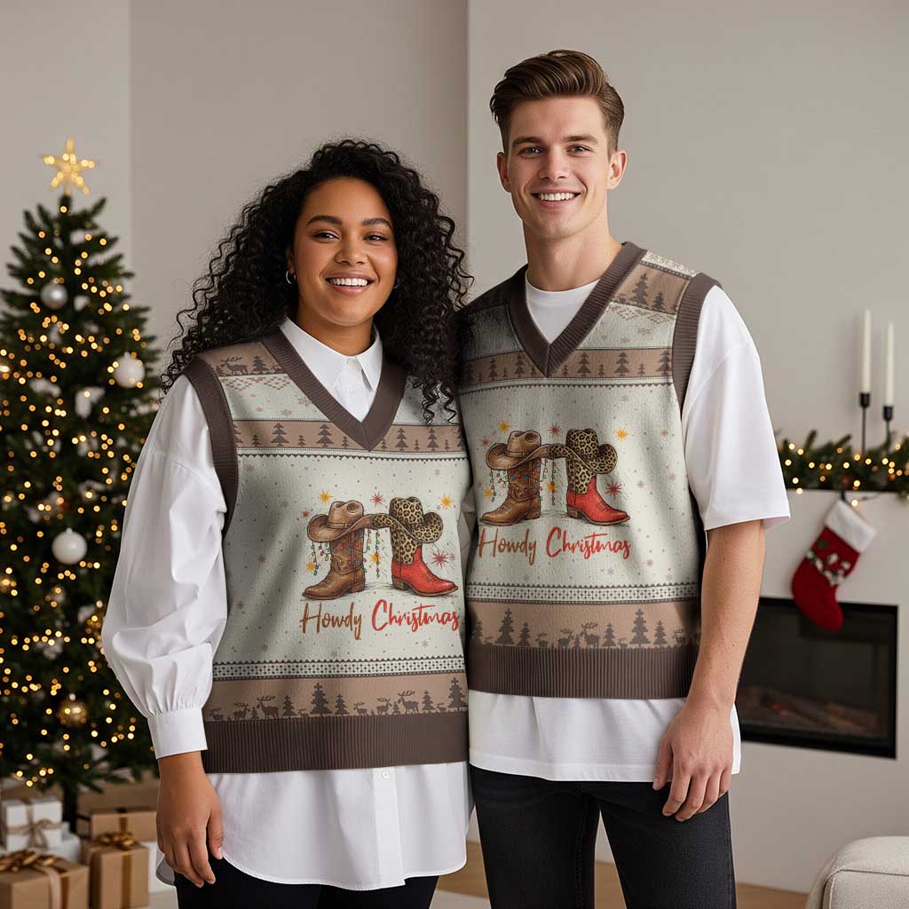 Howdy Xmas V-Neck Knit Sweater Vest Western Cowboy Boots Country TS14 Mocha Mousse Print Your Wear
