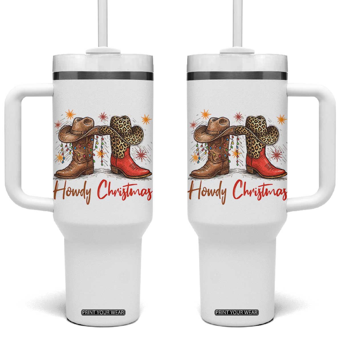 Howdy Christmas Tumbler With Handle Western Cowboy Boots Country - Print Your Wear