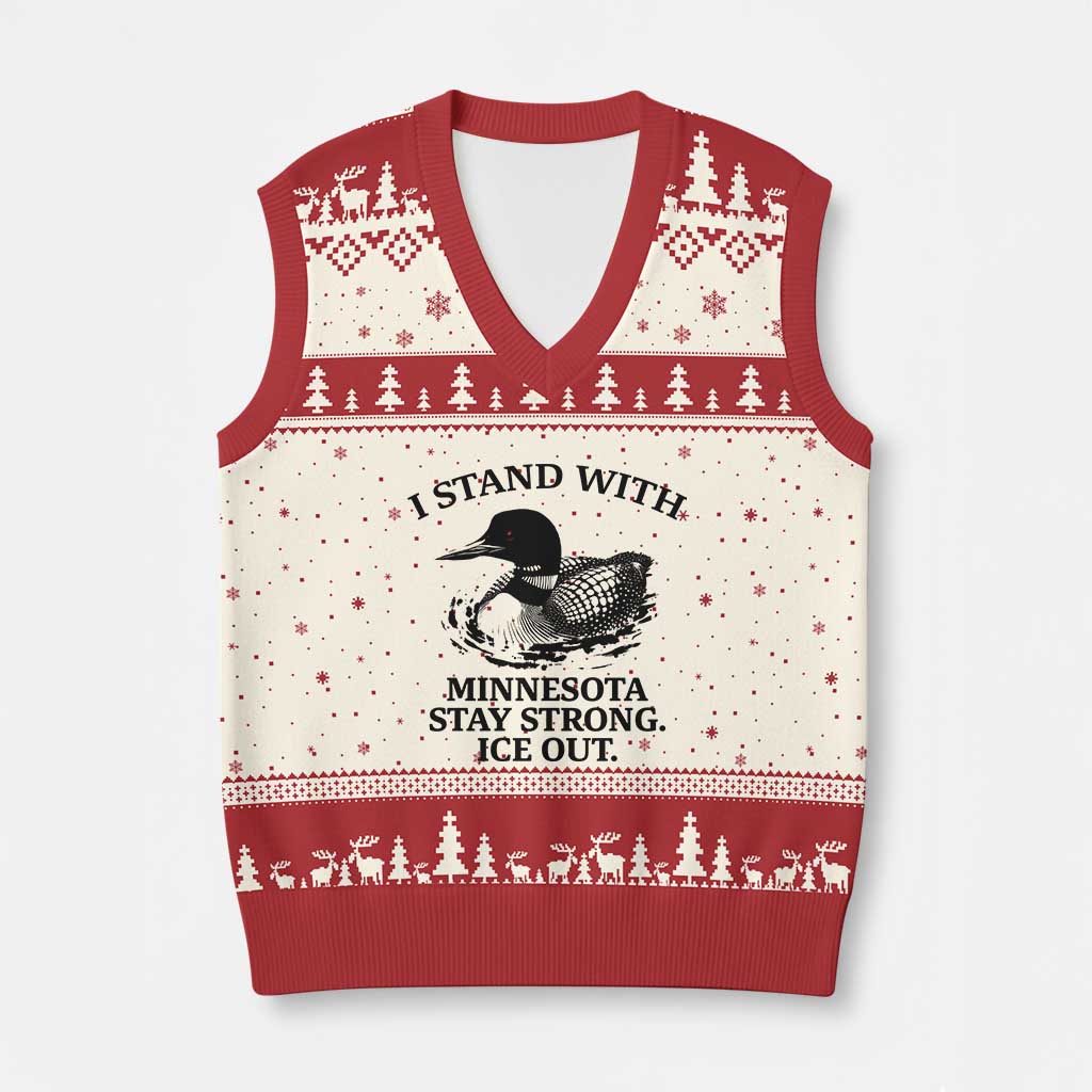 I Stand With Minnesota V-Neck Knit Sweater Vest Minnesota Anti ICE Immigration Protest TS14 Beige Red Print Your Wear