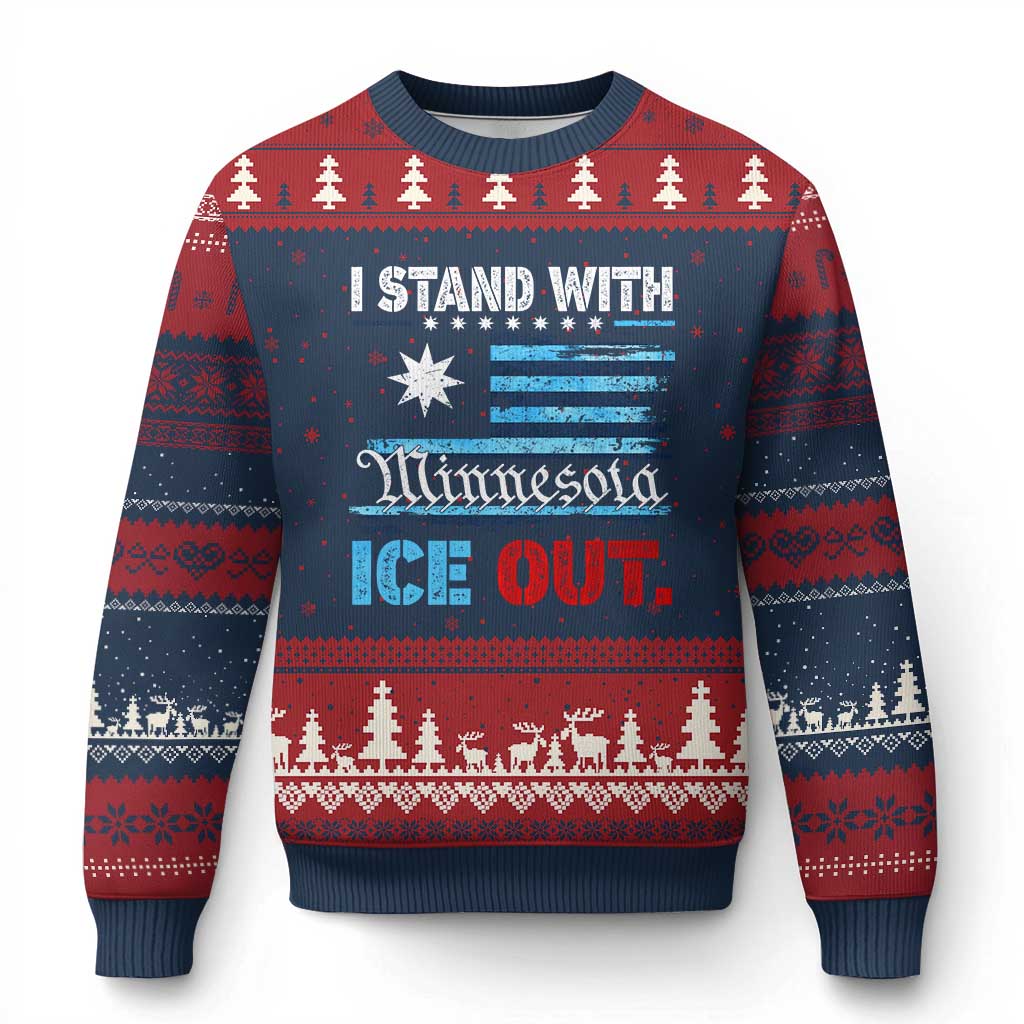 I Stand With Minnesota Ugly Christmas Sweater Minnesota Flag Anti ICE Immigration Protest TS14 Navy Red Print Your Wear