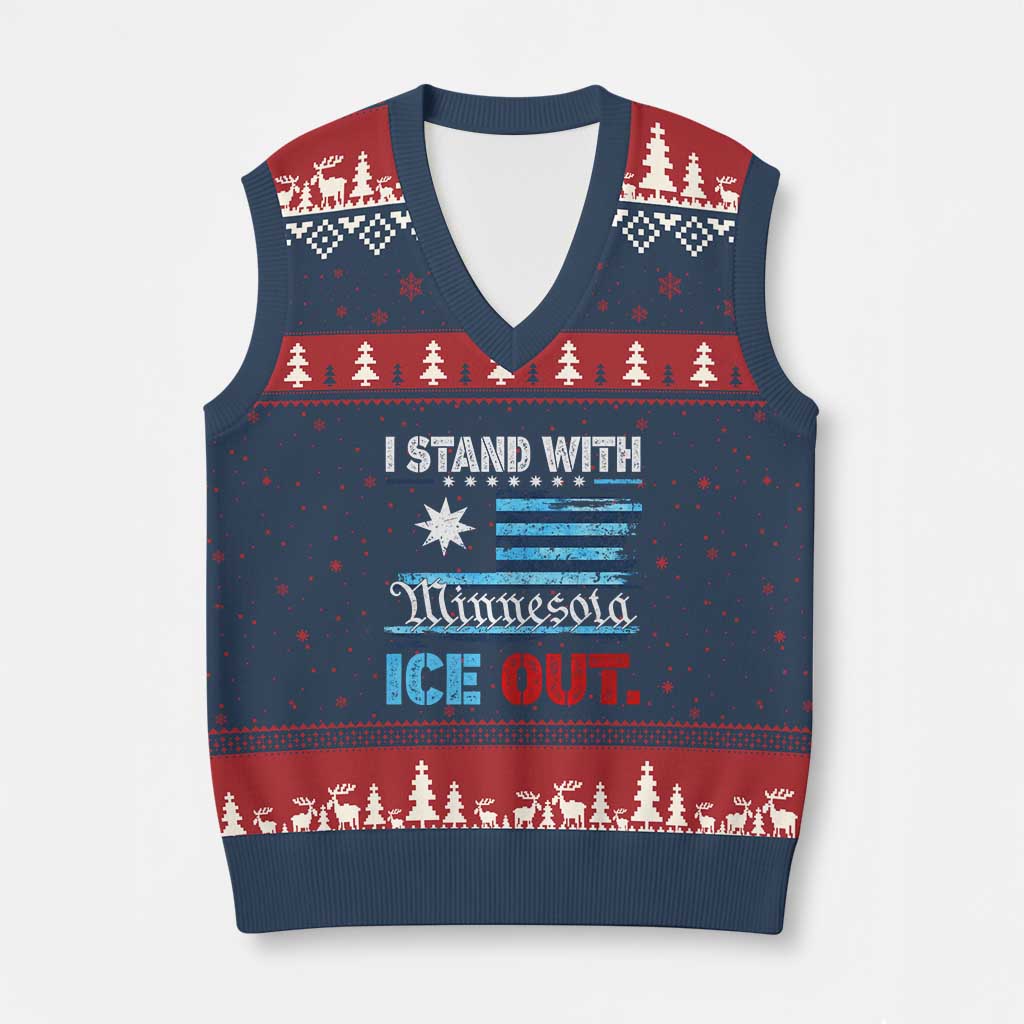 I Stand With Minnesota V-Neck Knit Sweater Vest Minnesota Flag Anti ICE Immigration Protest TS14 Navy Red Print Your Wear
