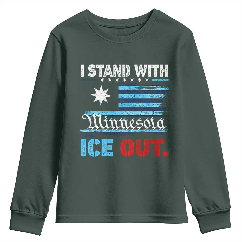 I Stand With Minnesota Youth Sweatshirt Minnesota Flag Anti ICE Immigration Protest TS14 Dark Forest Green Print Your Wear