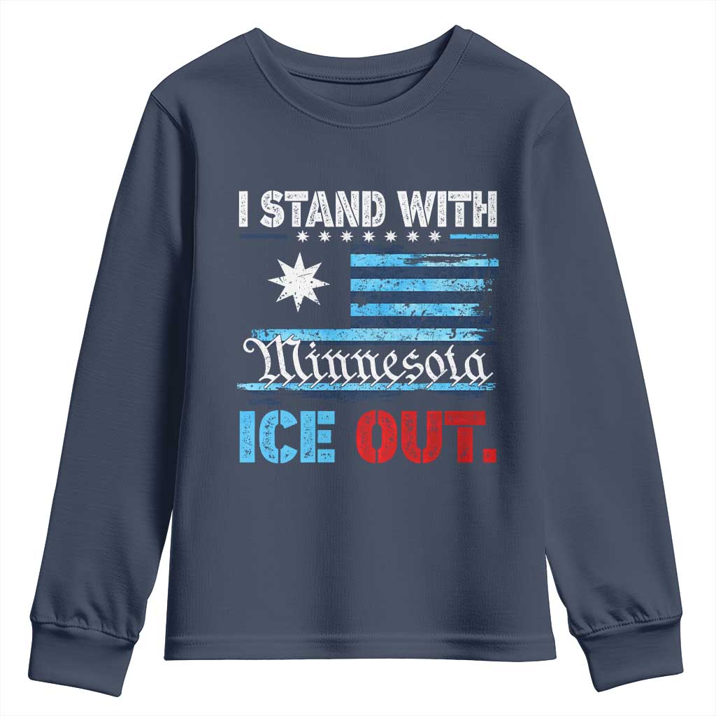 I Stand With Minnesota Youth Sweatshirt Minnesota Flag Anti ICE Immigration Protest TS14 Navy Print Your Wear