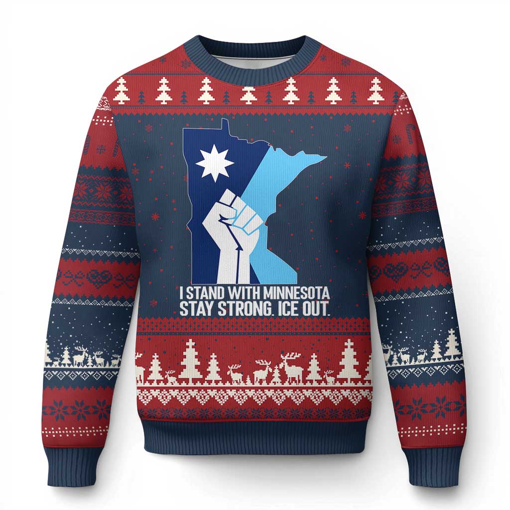 I Stand With Minnesota Ugly Christmas Sweater Minnesota Flag Anti ICE Immigration Protest Resist TS14 Navy Red Print Your Wear