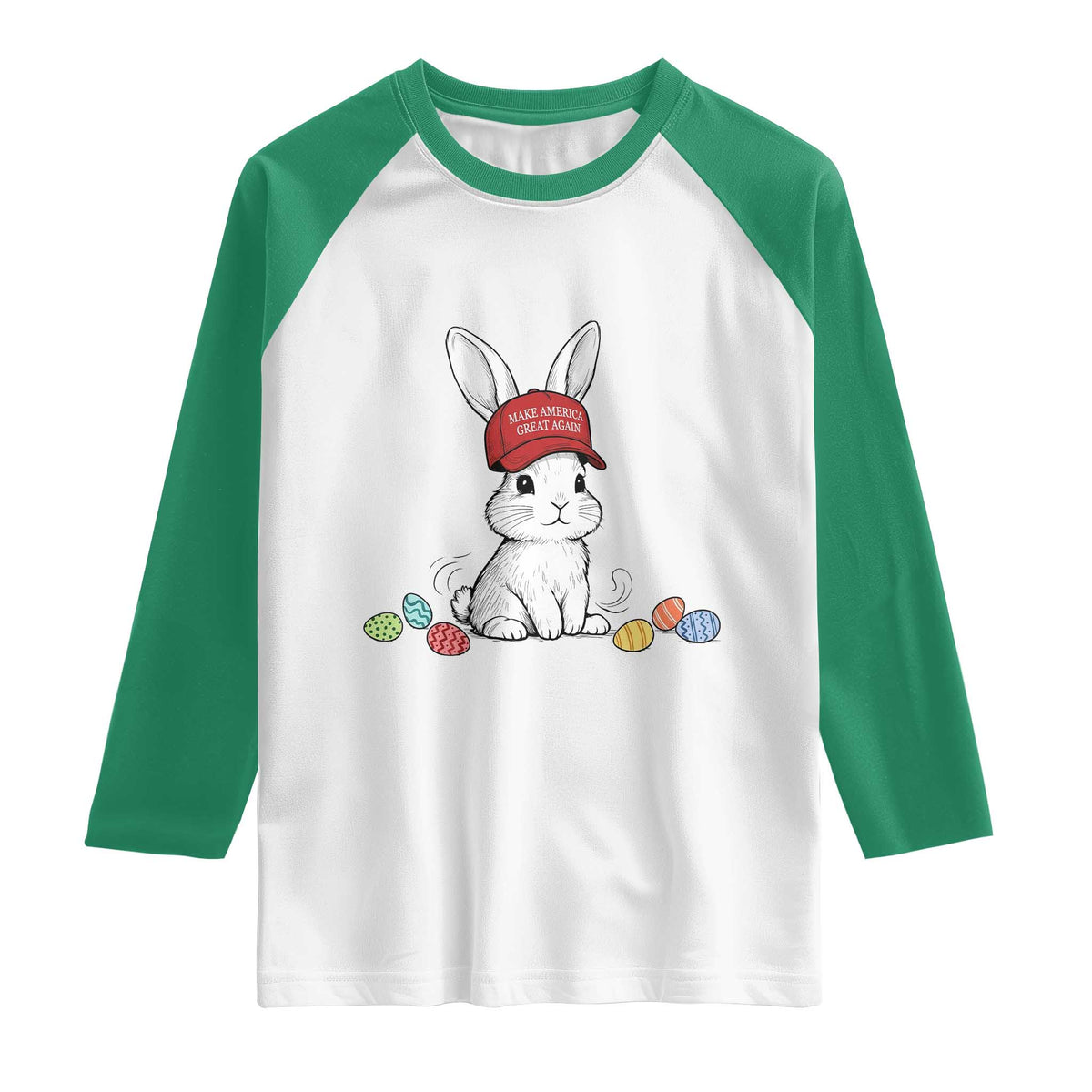 Funny Easter Bunny Wearing Hat American Raglan Shirt TS14 White Kelly Green Print Your Wear