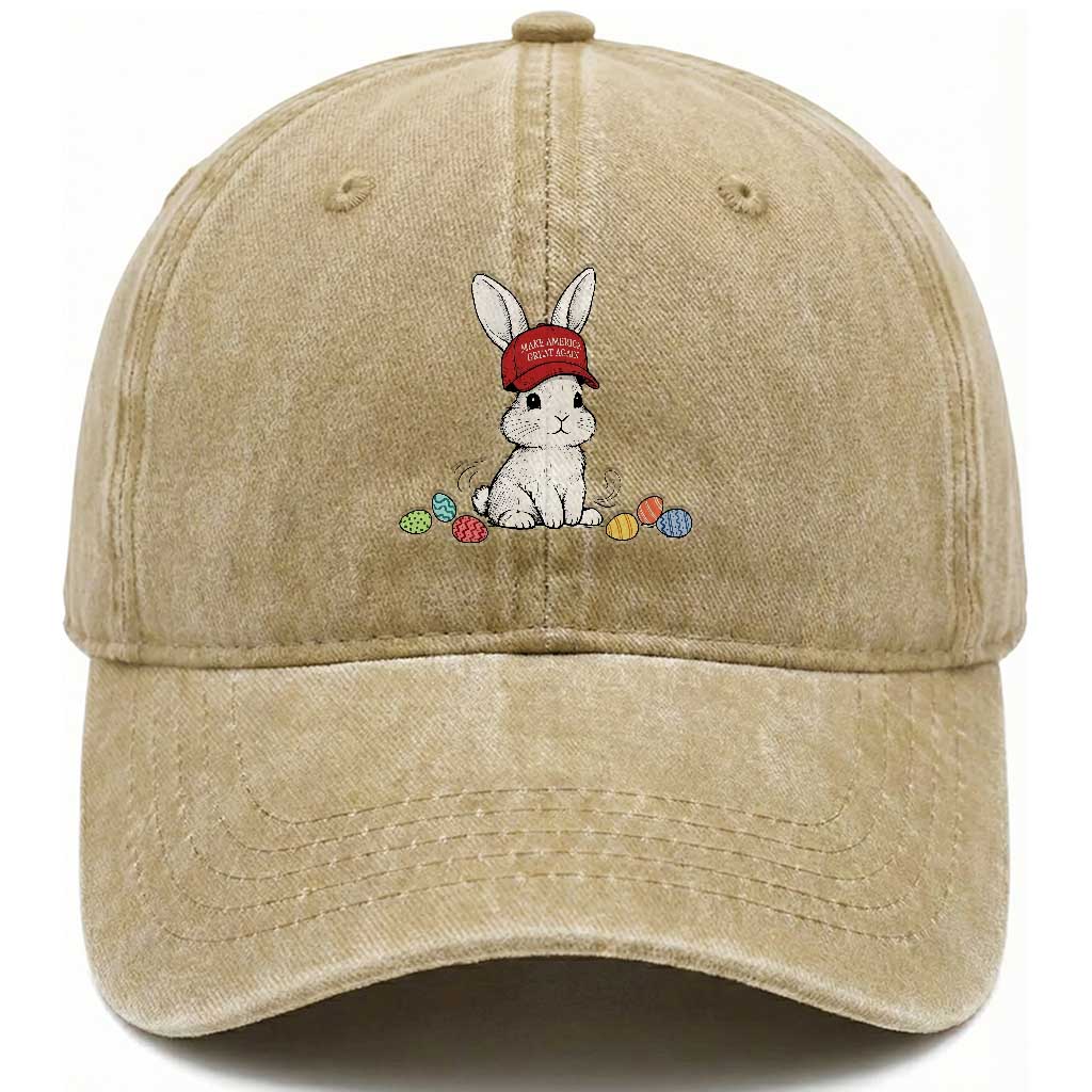 Funny Easter Bunny Wearing Hat American Washed Cotton Baseball Cap TS14 Washed Cap Universal Fit Khaki Print Your Wear