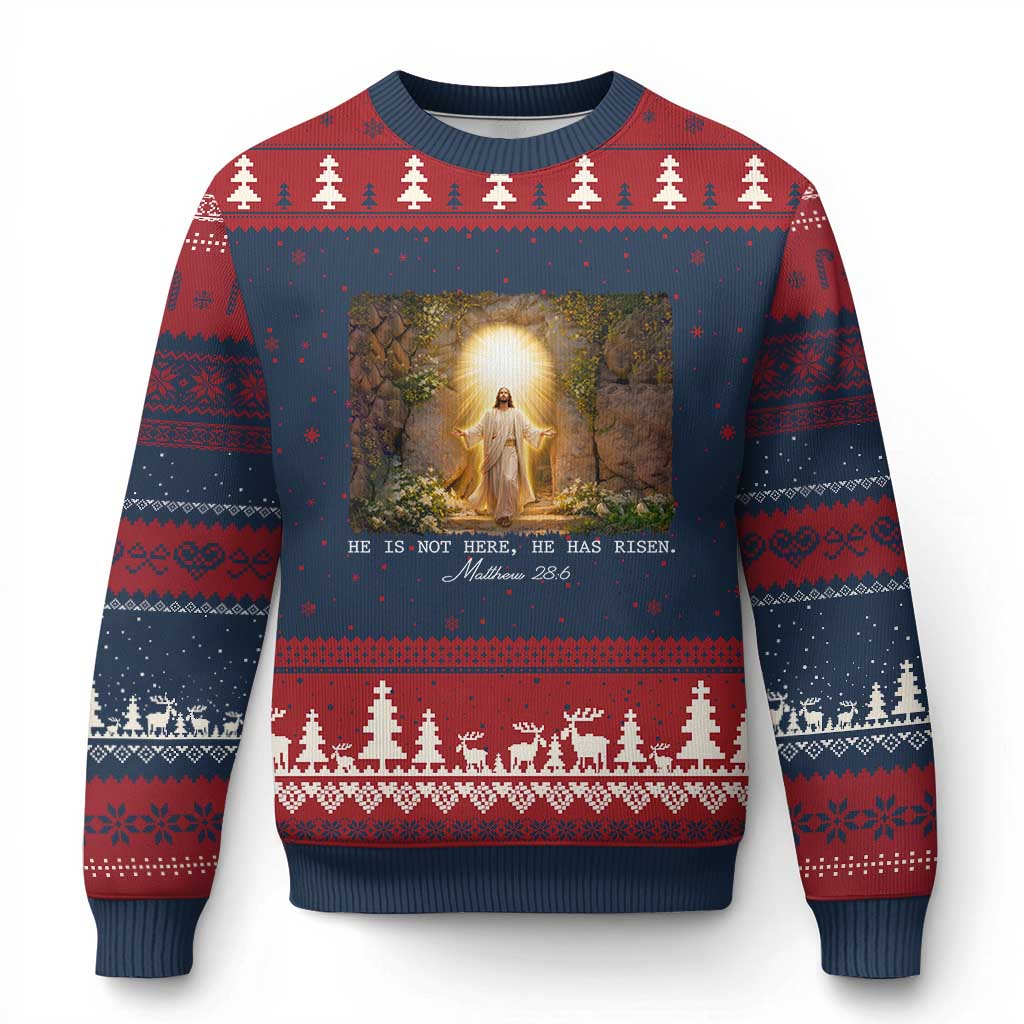 He Is Not Here He Has Risen Ugly Christmas Sweater Easter Christian Jesus TS14 Navy Red Print Your Wear