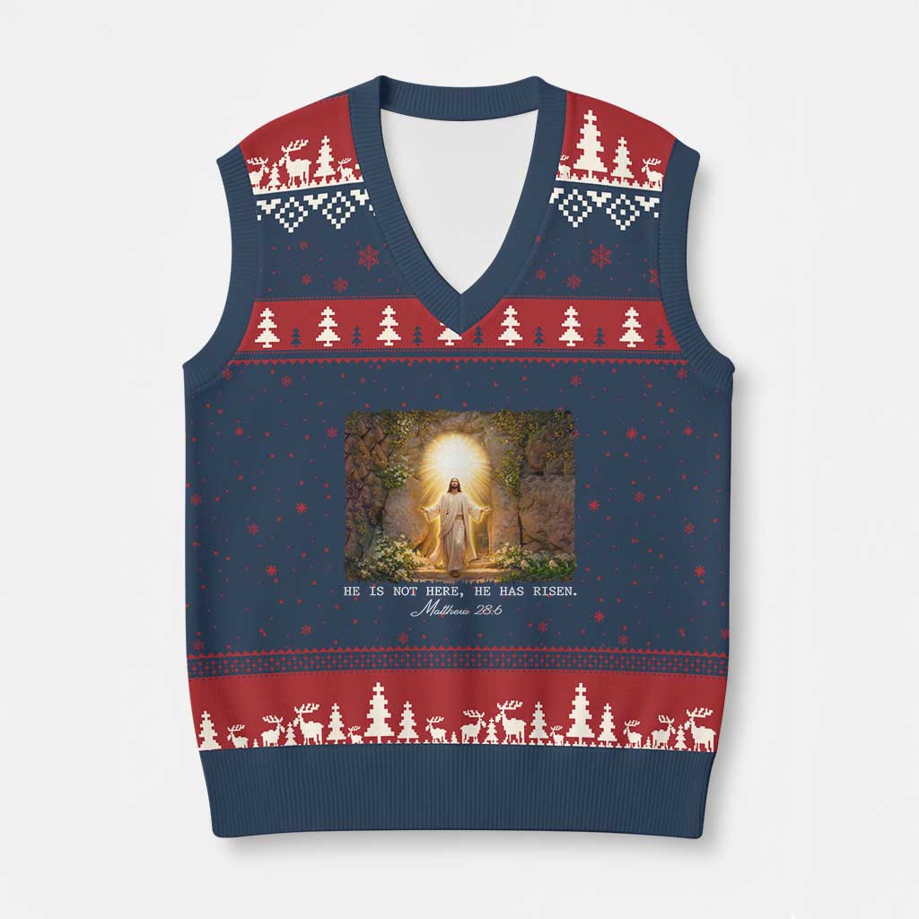 He Is Not Here He Has Risen V-Neck Knit Sweater Vest Easter Christian Jesus TS14 Navy Red Print Your Wear
